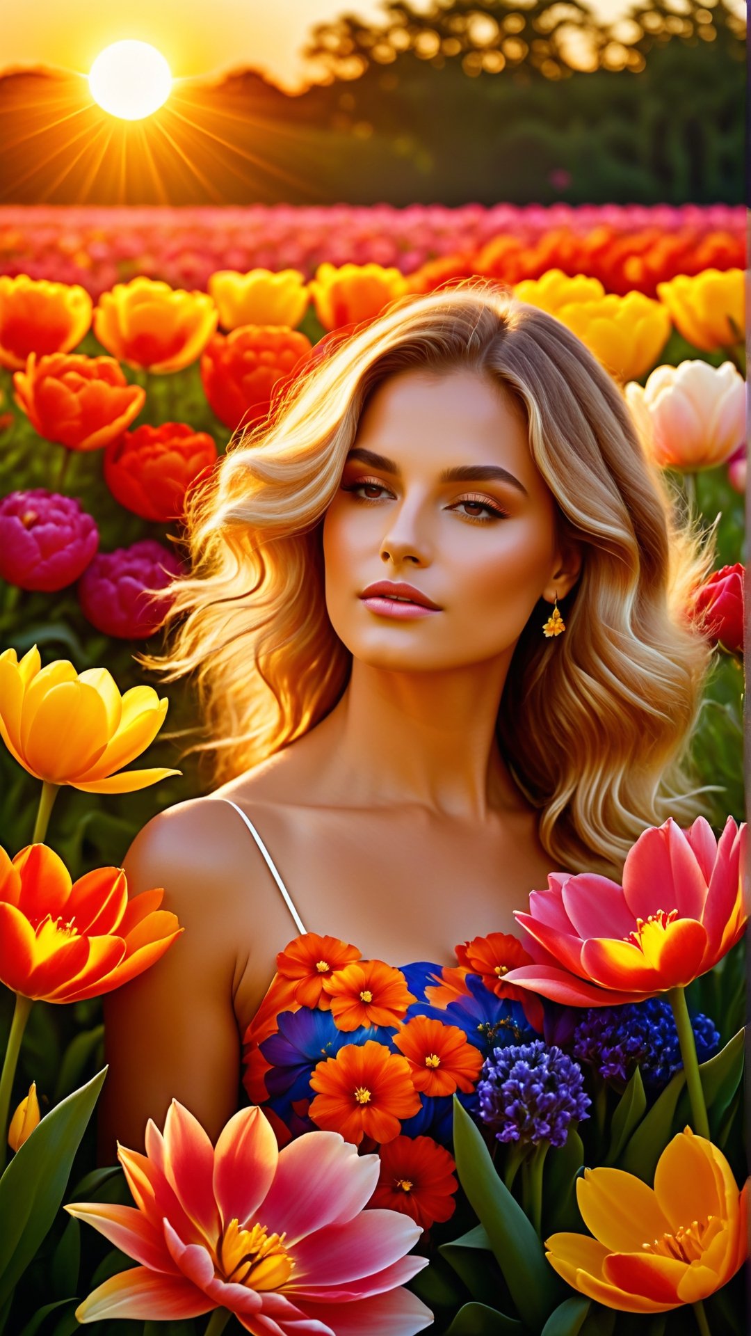 A high definition and a hige resolutions photography of a field of flowers with the sun setting in the background, magical colorful flowers, realistic flowers oil painting, chrysanthemum and tulips, garden flowers pattern, beautiful large flowers, beautiful art uhd 4 k, flowers background, floral flowers colorful, rich flower colors, fantasy flowers and leaves, beautiful gorgeous digital art, beautiful flower, beautiful flowers, colorful flowers, sunset, 4 K, 8 K ,  highe Definisjon, uhd, soft light, warm light,,professional photo shoot, modeling pose, alluring body, captivating, highly detailed, extremely detailed, beautiful, Photorealistic, photo strong colors, David Hamilton style ,, Jock Sturges style in bright colors,