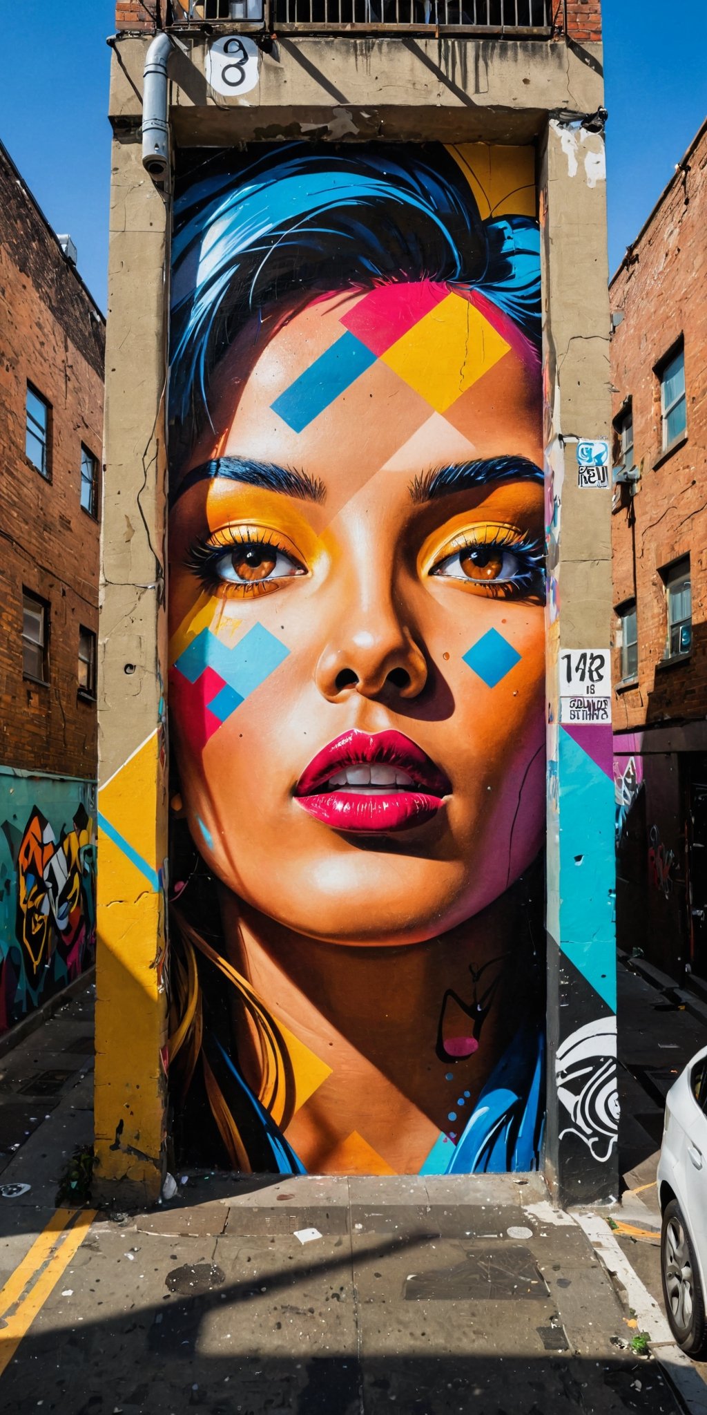 A series of dynamic and colorful street art murals adorning the walls of a lively urban alleyway, showcasing a blend of abstract shapes, intricate portraits, and mesmerizing geometric patterns. The scene is captured from a unique low angle, creating dramatic shadows and emphasizing the vibrant contrast of colors. The high-definition photograph brings out every detail, immersing viewers in the artistic essence of the bustling cityscape.,real_booster