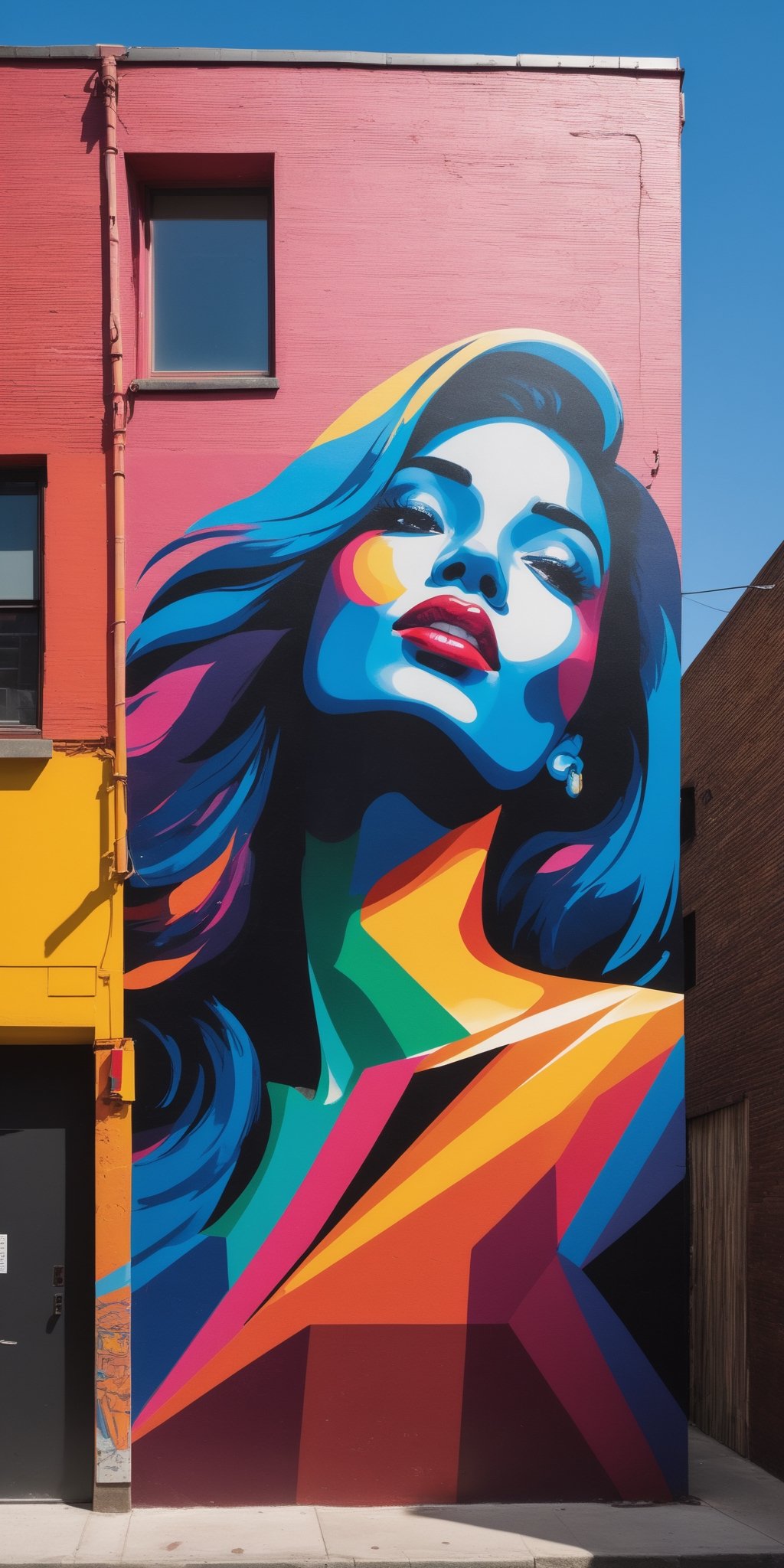 A series of dynamic and colorful street art murals adorning the walls of a lively urban alleyway, showcasing a blend of abstract shapes, intricate portraits, and mesmerizing geometric patterns. The scene is captured from a unique low angle, creating dramatic shadows and emphasizing the vibrant contrast of colors. The high-definition photograph brings out every detail, immersing viewers in the artistic essence of the bustling cityscape.,real_booster,No keyword