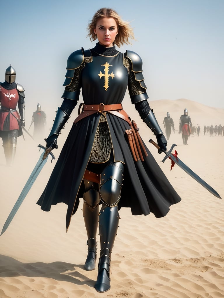 Female Crusader dressed as a black knight Clothes, with heavy belt with knife and sword, 