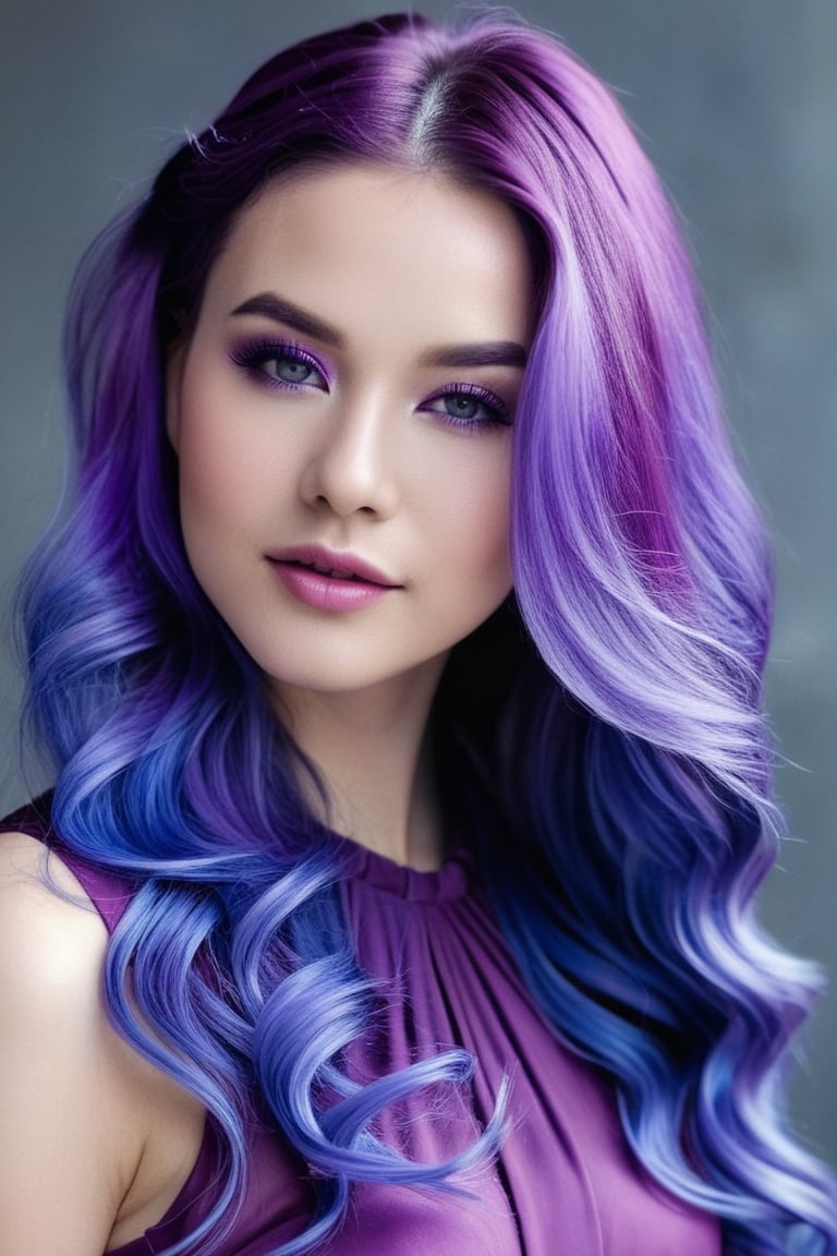 a woman with purple hair wearing a purple dress, blue and purple hair, long light purple hair, long wavy purple hair, long purple hair, gorgeous chinese model, purple hair, violet color, violet hair, purple long hair, deep purple hair, long violet hair, beautiful elf with violet skin, chin-length purple hair, flowing purple hair, purple and blue