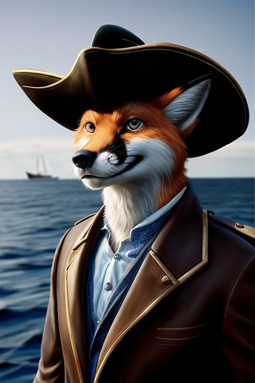 ((anthro), fox, solo, male, old adult), pirate, (pirate hat), clothed, realistic scalies, detailed background, sea background, realistic, boat, photorealistic, ultra realistic, 8k, cute, (full_body)