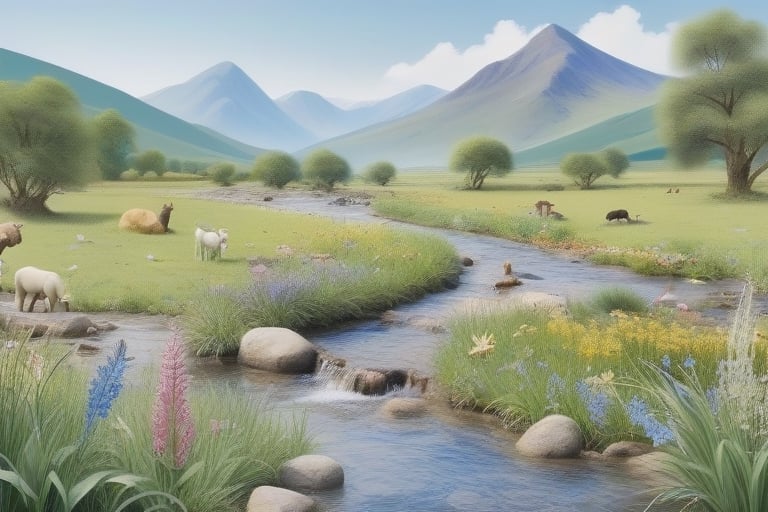 a babbling brook scene with mountains seen off in the distance. along the brook you can see various animals playing and drinking from the water among various wild flowers