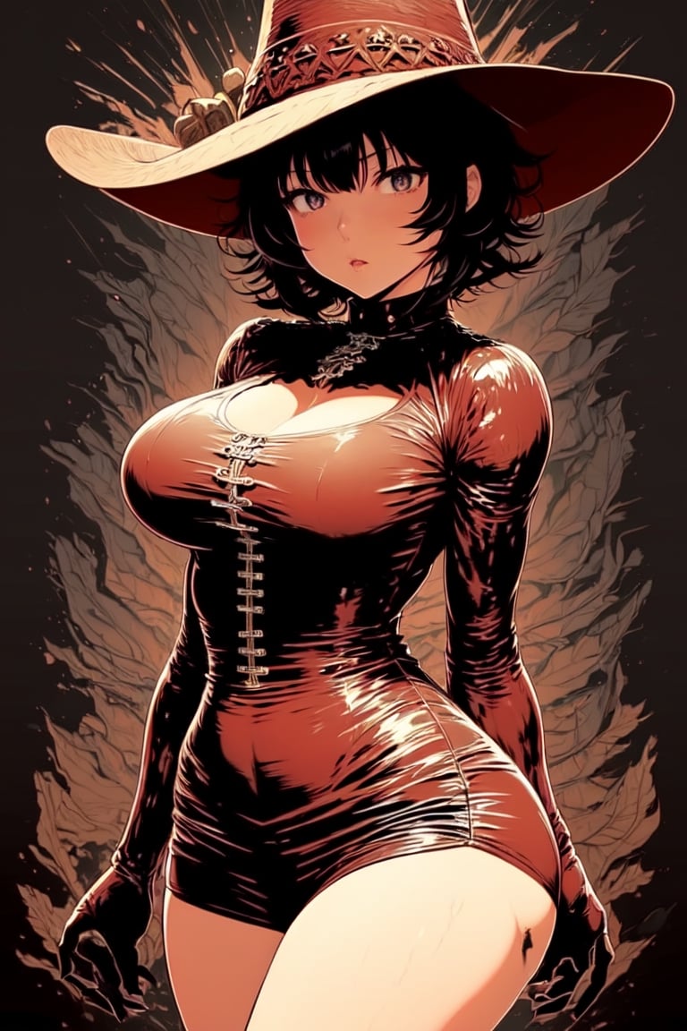 GoodHands-vanilla:0.7, (masterpiece, 4k, best quality:1.2, ((cowboy shot)), best quality:1.2, NICE HANDS, COLORFUL, (perfect hands, perfect anatomy)), megumin, short hair, dress, red dress, hat, witch hat, belt, ((simple background, black background)), ((small breasts, big hips, cleavage, looking at the viewer, tight clothtes))