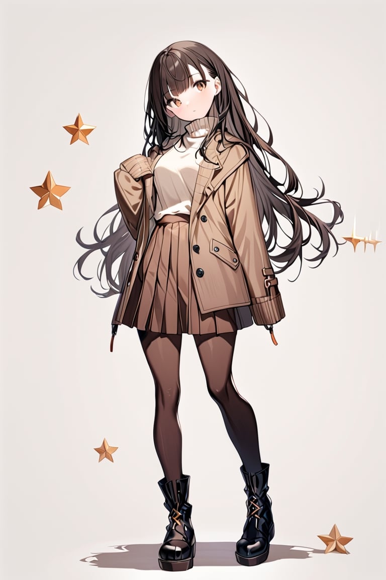 1girl, solo, long hair, looking at viewer, bangs, skirt, brown hair, black hair, long sleeves, brown eyes, standing, full body, pantyhose, boots, black footwear, sweater, coat, sleeves past wrists, black pantyhose, brown skirt