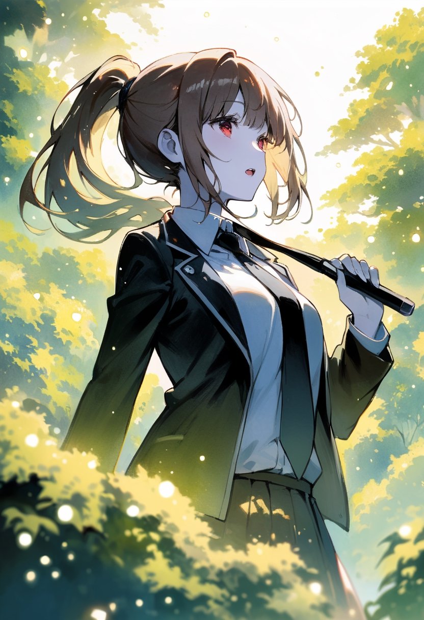 vibrant colors, female, masterpiece, sharp focus, best quality, depth of field, cinematic lighting, ((solo, one woman )), (illustration, 8k CG, (extremely detailed), masterpiece, ultra-detailed, a girl with short blonde hair and red eyes, a white  jacket with floral motifs, skirts,and a yellow t-shirt, amidst a background composed of fantastic elements sakura trees, clouds, ,light,firefliesfireflies,detail,green theme,1 girl, Visual Illustration, watercolor (medium), bright, sunlight, sparkle, white skin, 1girl, solo, open mouth, simple background, brown hair, shirt, white background, jacket, white shirt, necktie, collared shirt, black jacket, black necktie, holding, standing, dark, pale skin, monochrome, white theme, painting (medium), traditional_media, ponytail