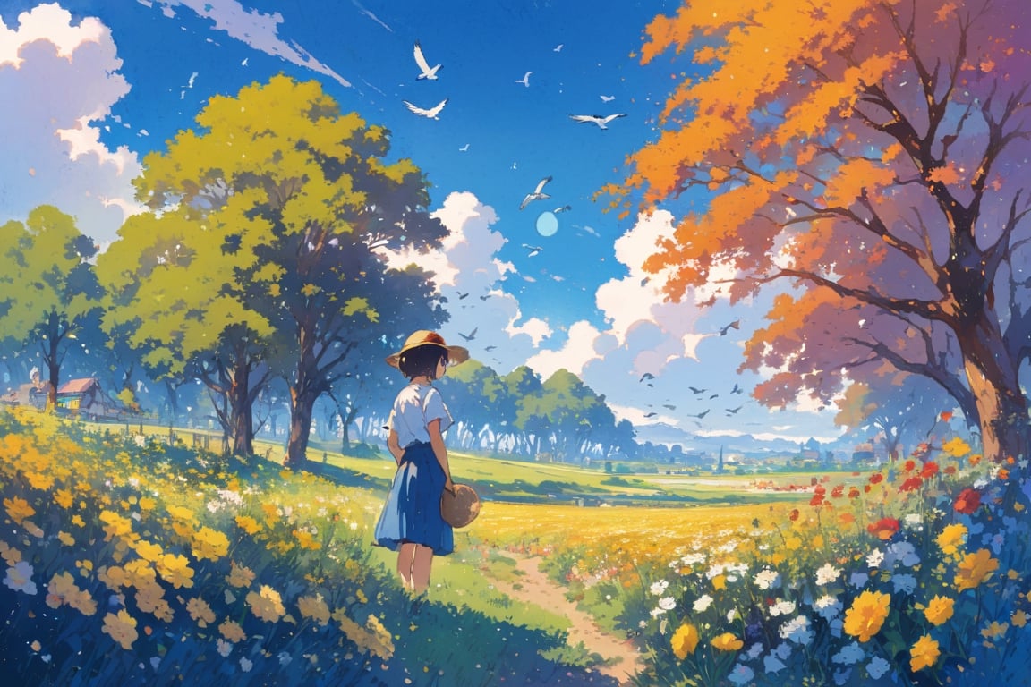 Visual Illustration, 1girl, solo, short hair, skirt, shirt, black hair, hat, holding, standing, white shirt, flower, short sleeves, outdoors, sky, day, cloud, tree, blue sky, blue skirt, bird, cloudy sky, scenery, sun hat, yellow flower, field, ghibli, (watercolor:0.5)