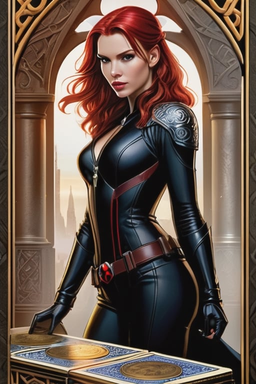 Masterpiece, western style, Black Widow and Daredevil Marvel, Tarot card, vectored alter in background, Celtic inspired, concept art by Luis Royo, James Jean style, 8k, high quality, sharp focus, individual approach, full body, high angle, highly detailed, extremely detailed, hyper realistic texture, fantasy, surreal, border frame, trending on artstation, sharp focus, studio photo, intricate details, highly detailed, by greg rutkowski