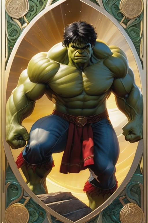 Masterpiece, western style, Hulk Marvel, Tarot card, vectored alter in background, Celtic inspired, concept art by Luis Royo, James Jean style, 8k, high quality, sharp focus, individual approach, full body, high angle, highly detailed, extremely detailed, hyper realistic texture, fantasy, surreal, border frame, trending on artstation, sharp focus, studio photo, intricate details, highly detailed, by greg rutkowski