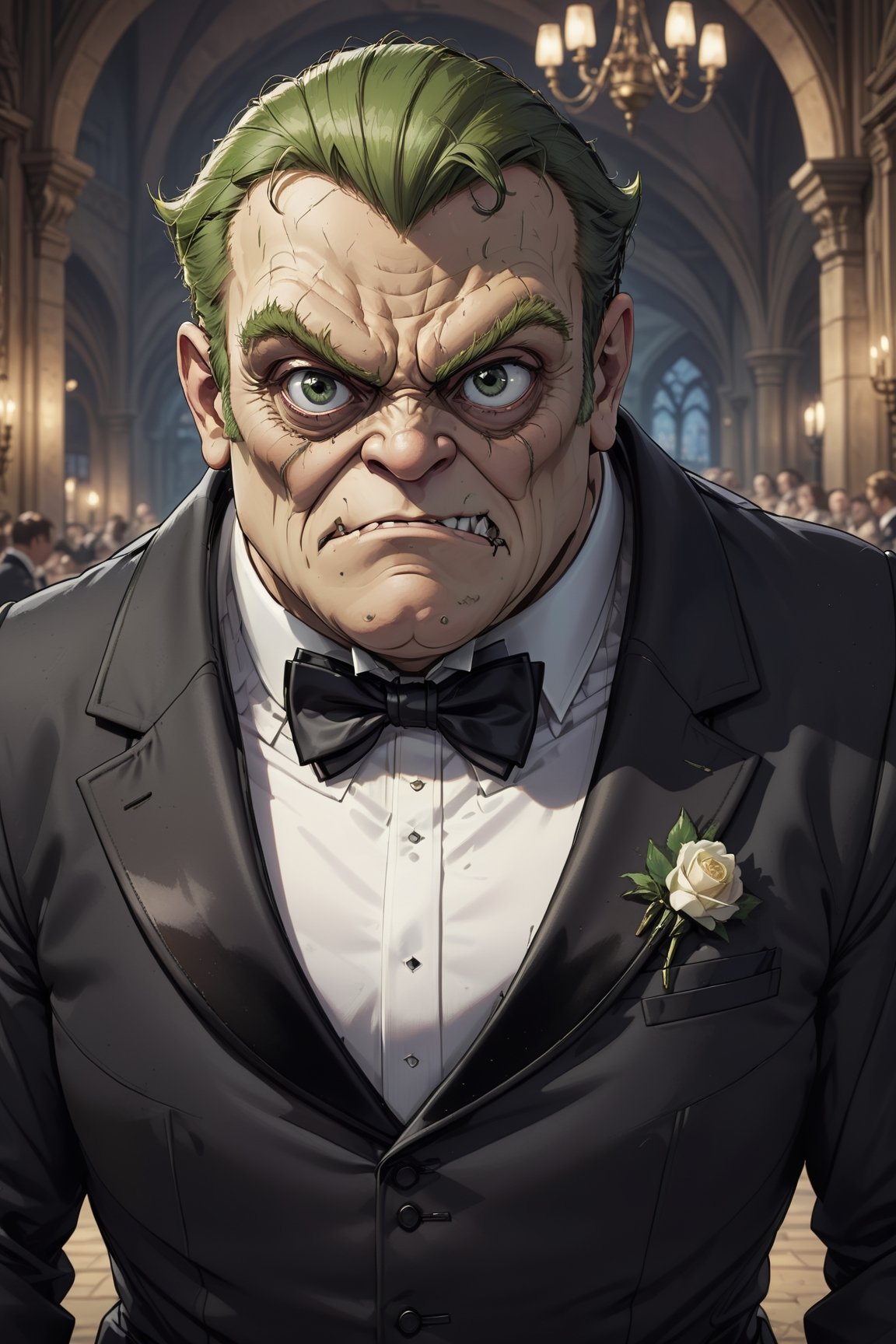 2D manga Masterpiece, realistic, 4k, front shot of Quasimodo in black tuxedo, bow tie