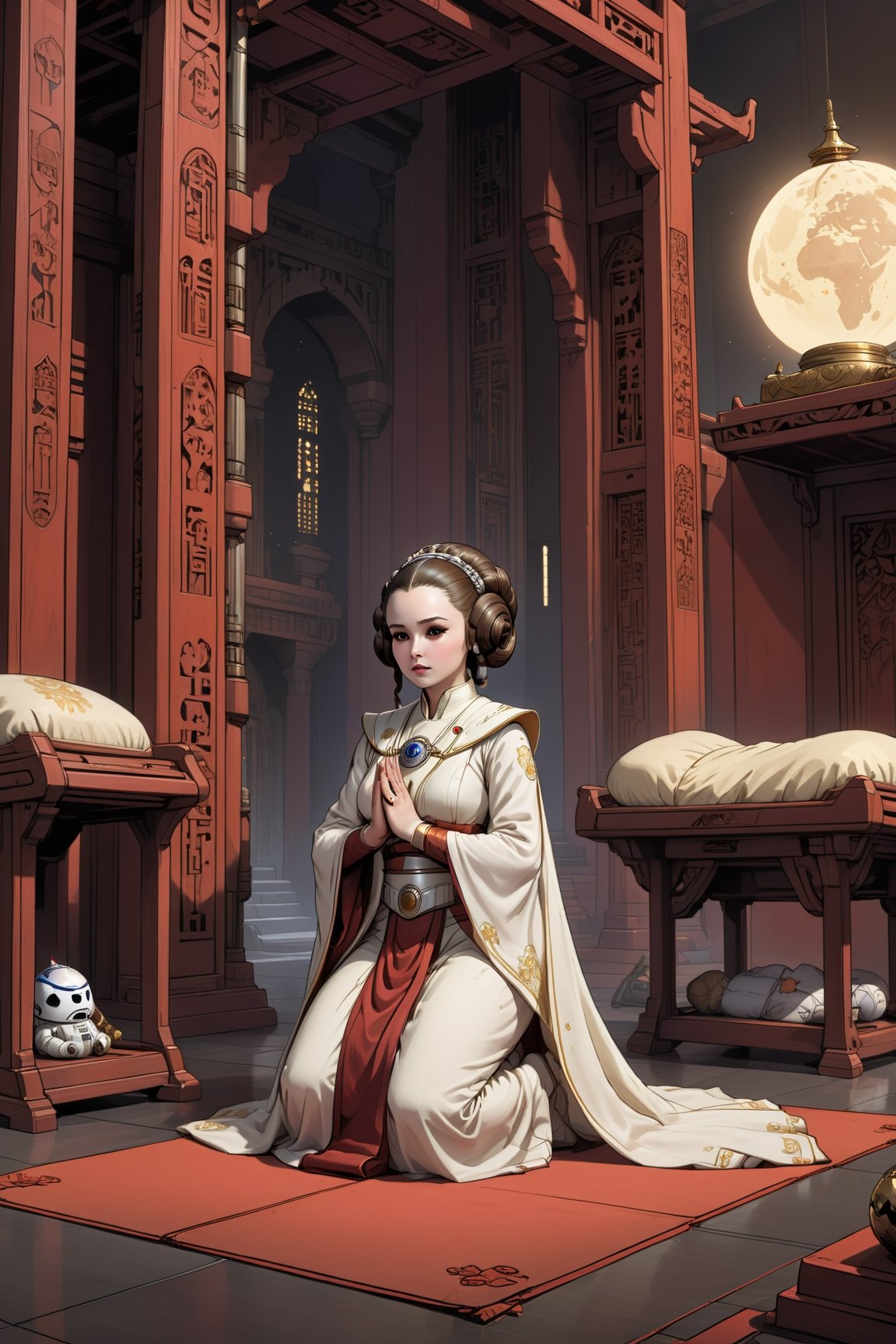 2D manga Masterpiece, Princess Amidala kneels beside a cradle, praying