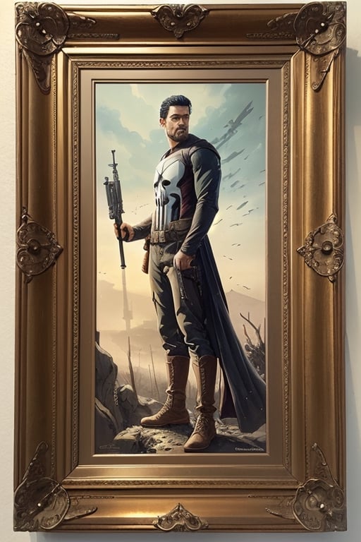 Masterpiece, western style, the Punisher Marvel, Tarot card, vectored alter in background, Celtic inspired, concept art by Luis Royo, James Jean style, 8k, high quality, sharp focus, individual approach, full body, high angle, highly detailed, extremely detailed, hyper realistic texture, fantasy, surreal, border frame, trending on artstation, sharp focus, studio photo, intricate details, highly detailed, by greg rutkowski