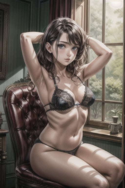  A pretty girl in underwear sit on chair head resting on fist