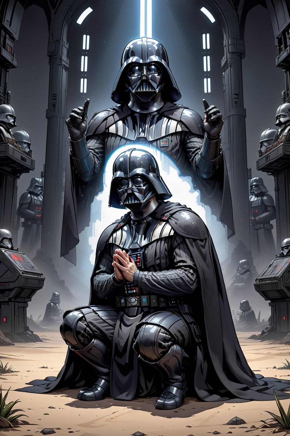 2D manga Masterpiece, Darth Vader kneels beside a cradle, praying