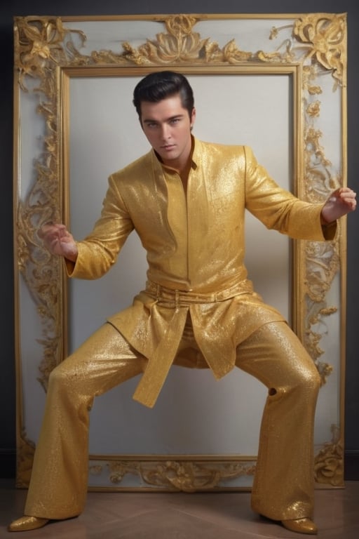 Masterpiece, western style, wide angle  shot of Elvis Presley wearing a golden suit, in kung-fu pose, 8k, high quality, full body, high angle, highly detailed, extremely detailed, hyper realistic texture, fantasy, border frame, studio photo, intricate details, highly detailed