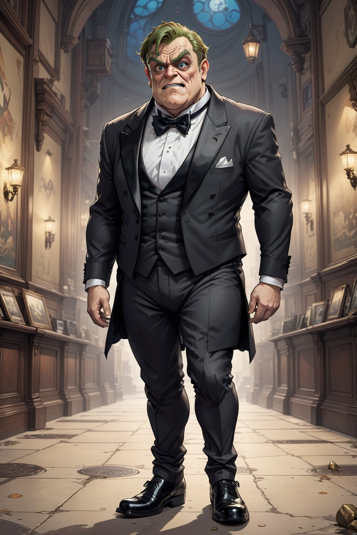 2D manga Masterpiece, realistic, 4k, front shot of fullbody Quasimodo in black tuxedo, bow tie, (black shoes:1.1)