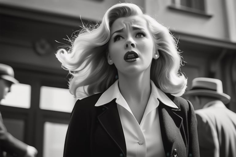 low angle shot in black and white of a scared woman with long blond hair, dressed in the 1950s style, chased by gangsters, Alfred Hitchcock style, film noir, highly detailed, masterpiece, bokeh,EpicSky,JoeMad Style