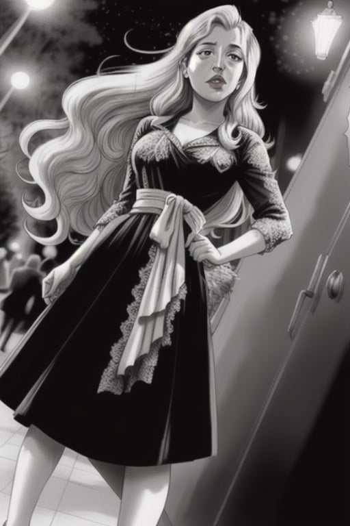 low angle shot in black and white of a woman with long blond hair, dressed in the 1950s style,, Alfred Hitchcock style, film noir, highly detailed, masterpiece, bokeh