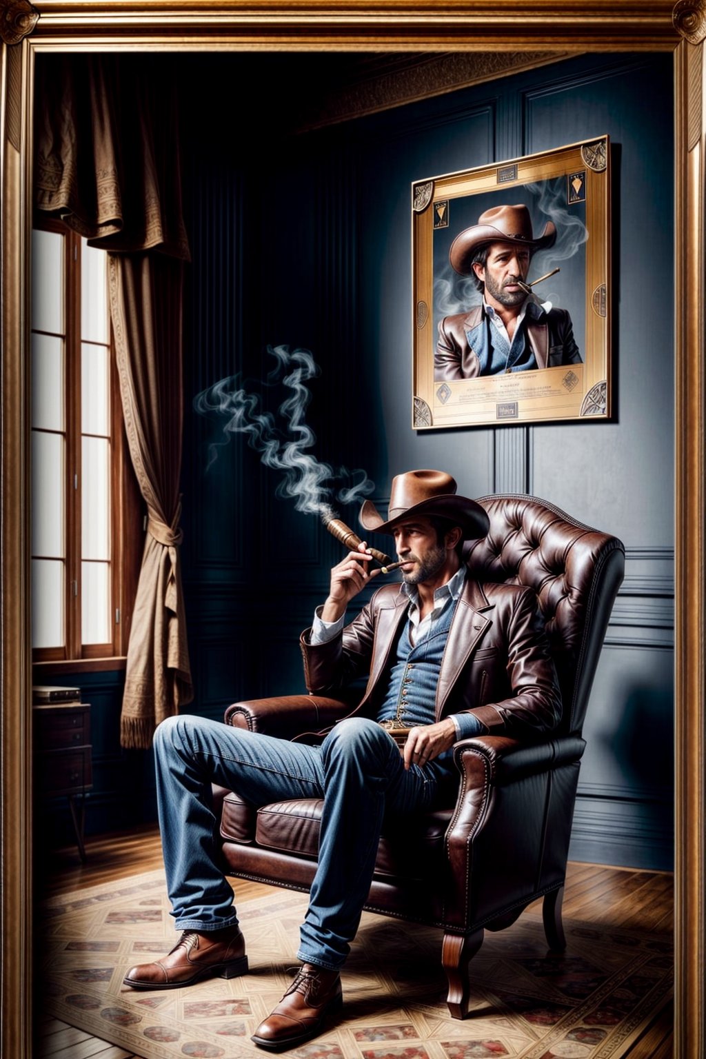 Masterpiece, western style, Jean-Paul Belmondo smoking a cigar in a boiwn leather armchair, Tarot card, 8k, high quality, full body, high angle, highly detailed, extremely detailed, hyper realistic texture, fantasy, border frame, studio photo, intricate details, highly detailed