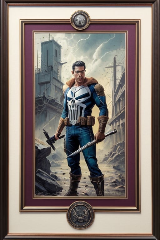 Masterpiece, western style, the Punisher Marvel, Tarot card, vectored alter in background, Celtic inspired, concept art by Luis Royo, James Jean style, 8k, high quality, sharp focus, individual approach, full body, high angle, highly detailed, extremely detailed, hyper realistic texture, fantasy, surreal, border frame, trending on artstation, sharp focus, studio photo, intricate details, highly detailed, by greg rutkowski