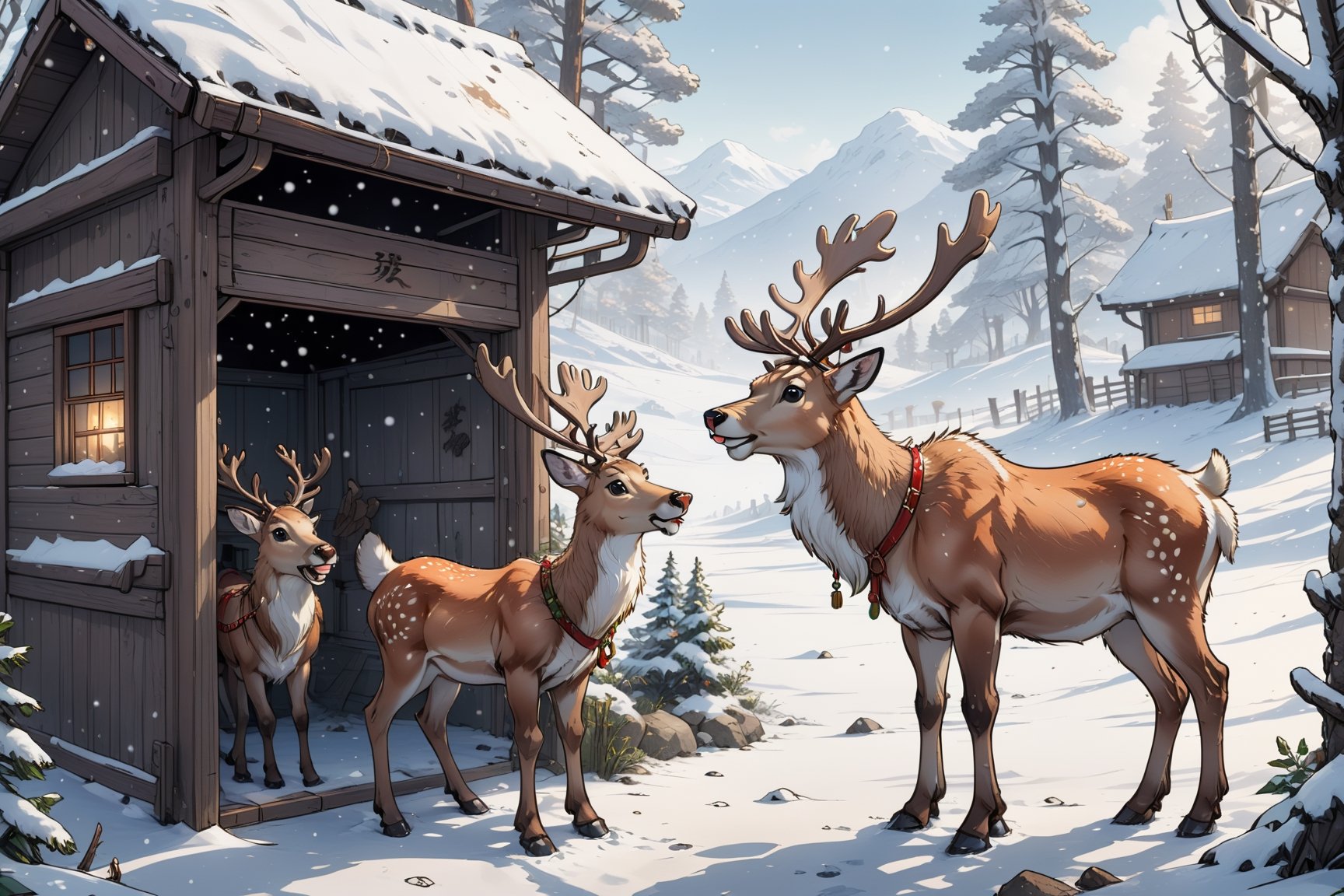 2D manga Masterpiece, In an enclosure, under the snow, two Santa's reindeer are chatting 