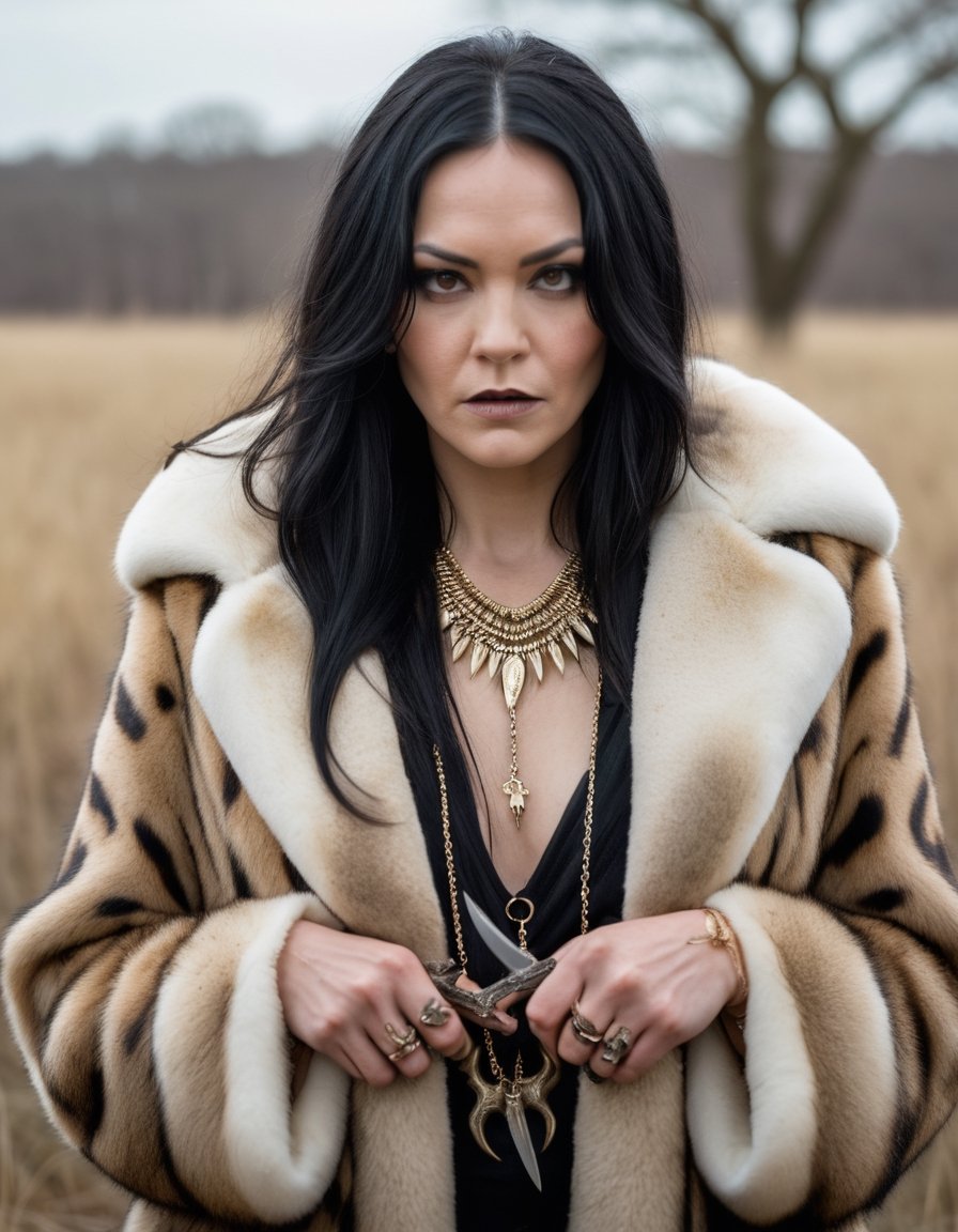 cinematic film still The entire body of a woman, with long black hair, wearing furcoat, badass pose, a necklace adorned with five fawn claws, an ivory knife worn on his hip, in the savannah, Sony a7R  . 35mm photograph, film, bokeh, professional, 4k, highly detailed
