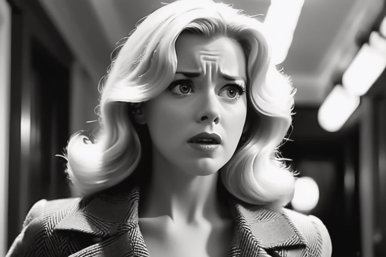 low angle shot in black and white of a scared woman with long blond hair, dressed in the 1950s style, chased by gangsters, Alfred Hitchcock style, film noir, highly detailed, masterpiece, bokeh,EpicSky,JoeMad Style