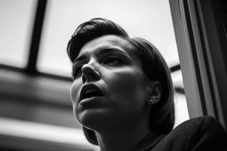 low angle shot in black and white of a scared woman with long blond hair, dressed in the 1950s style, chased by gangsters, Alfred Hitchcock style, film noir, highly detailed, masterpiece, bokeh,EpicSky,JoeMad Style