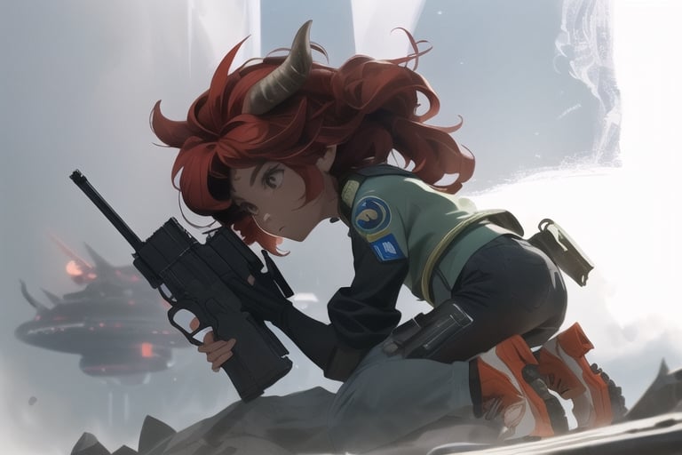 Low angle shot from behind, of a red-haired woman kneeling, a pistol in each hand, aiming at a minotaur running in the background, in a spaceship, science fiction, cinematographic