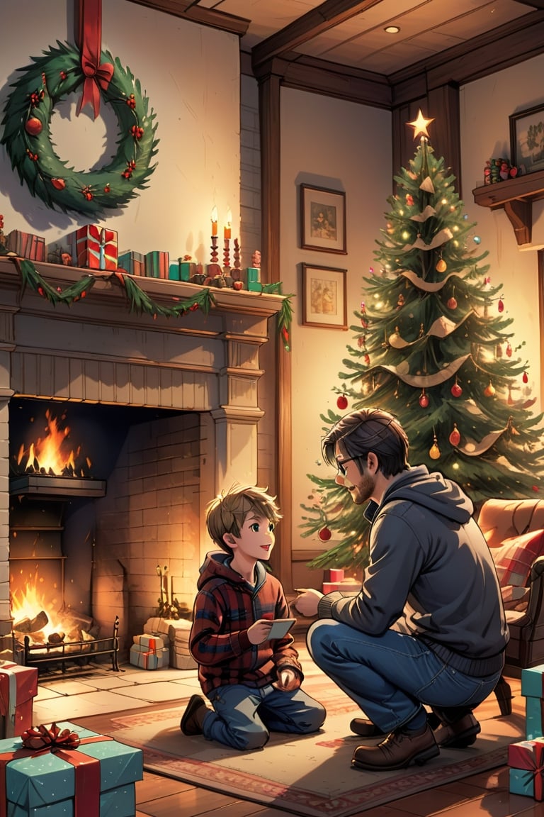 2D manga Masterpiece, realistic, 4k, a father and his son chating near a fireplace, Christmas tree, gifts)
