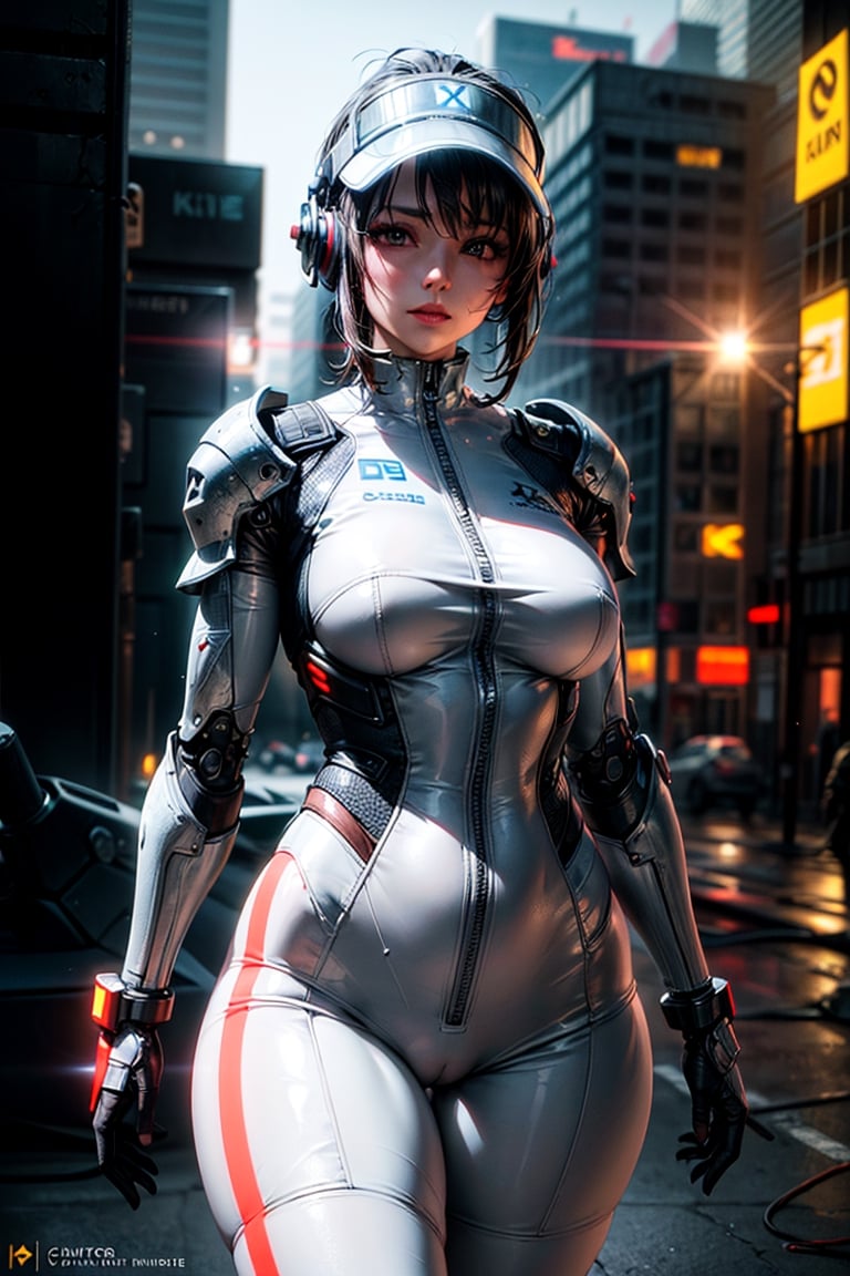 ((best quality)), ((masterpiece)), ((realistic)), (detailed), (photorealistic:1.5), a futuristic girl, (thick body), (white bodysuit), lights on armor, cybernetic headwear, looking at viewer, dynamic pose, post apocalyptic, destroyed city background, buildings on fire, science fiction, hdr, ray tracing, nvidia rtx, super-resolution, unreal 5, subsurface scattering, pbr texturing, post-processing, anisotropic filtering, depth of field, maximum clarity and sharpness, rule of thirds, 8k raw, (luminescent particles:1.4), (extremely detailed cg, unity 8k wallpaper, 3d, cinematic lighting, lens flare), reflections, sharp focus, cyberpunk art, cyberpunk architecture,