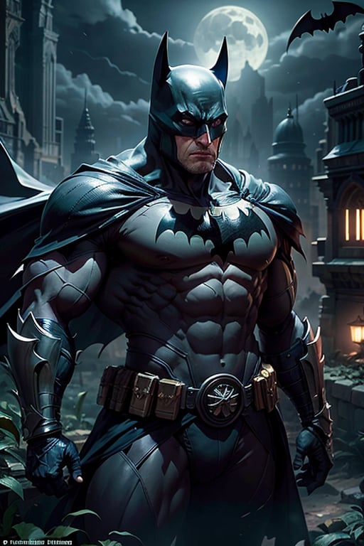 Batman from the dark knight stands imposing in a gothic lost city. Moonlight highlights your muscles and scars. The scenery is lush and mysterious, with futuristic tech and surroundings. The camera details everything, a warrior woman, in front of him.