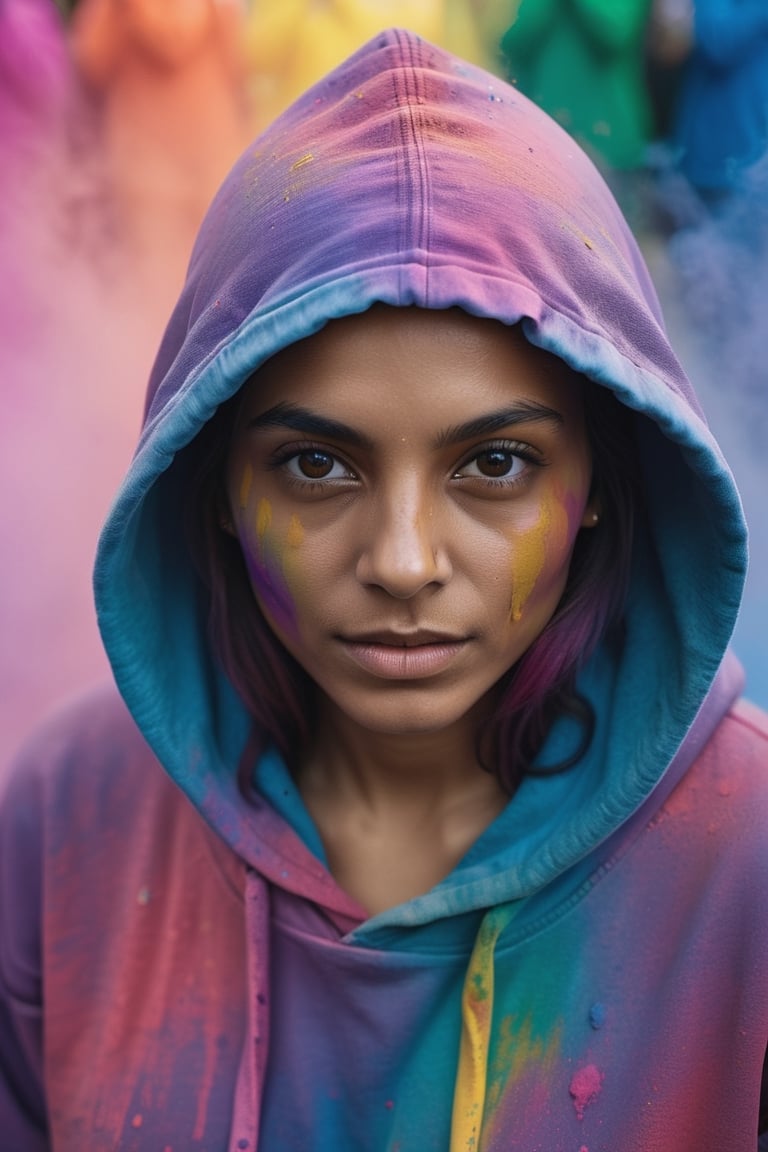 beautiful American college woman, wearing hoodie, looking at viewer, holi color festival, portrait, hyper detailed  POV, by lee jeffries, nikon d850, film stock photograph ,4 kodak portra 400 ,camera f1.6 lens ,rich colors ,hyper realistic ,lifelike texture, dramatic lighting , cinestill 800,