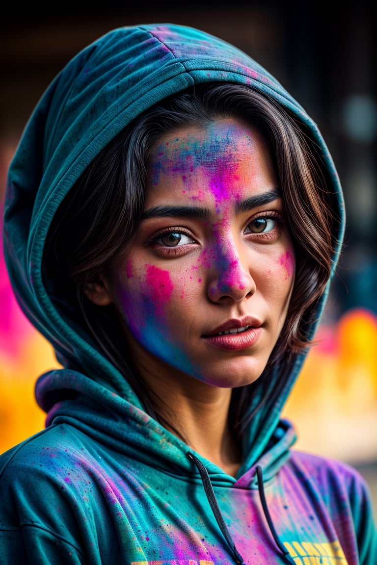 beautiful American college woman, wearing hoodie, looking at viewer, holi color festival, portrait, hyper detailed  POV, by lee jeffries, nikon d850, film stock photograph ,4 kodak portra 400 ,camera f1.6 lens ,rich colors ,hyper realistic ,lifelike texture, dramatic lighting , cinestill 800,