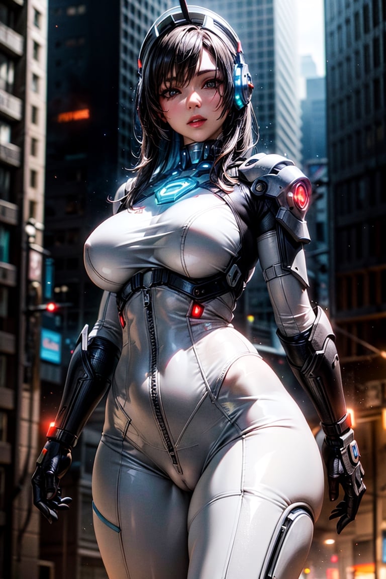((best quality)), ((masterpiece)), ((realistic)), (detailed), (photorealistic:1.5), a futuristic girl, (thick body), (white bodysuit), lights on armor, cybernetic headwear, looking at viewer, dynamic pose, post apocalyptic, destroyed city background, buildings on fire, science fiction, hdr, ray tracing, nvidia rtx, super-resolution, unreal 5, subsurface scattering, pbr texturing, post-processing, anisotropic filtering, depth of field, maximum clarity and sharpness, rule of thirds, 8k raw, (luminescent particles:1.4), (extremely detailed cg, unity 8k wallpaper, 3d, cinematic lighting, lens flare), reflections, sharp focus, cyberpunk art, cyberpunk architecture,