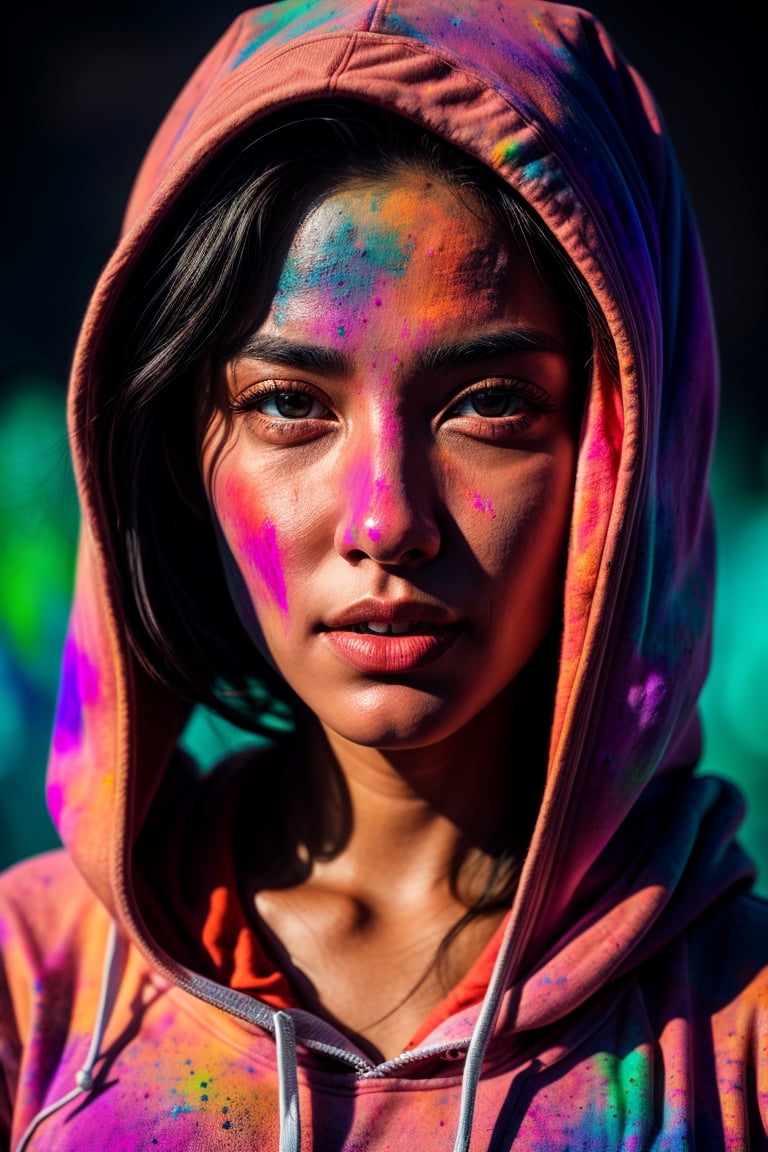 beautiful American college woman, wearing hoodie, looking at viewer, holi color festival, portrait, hyper detailed  POV, by lee jeffries, nikon d850, film stock photograph ,4 kodak portra 400 ,camera f1.6 lens ,rich colors ,hyper realistic ,lifelike texture, dramatic lighting , cinestill 800,