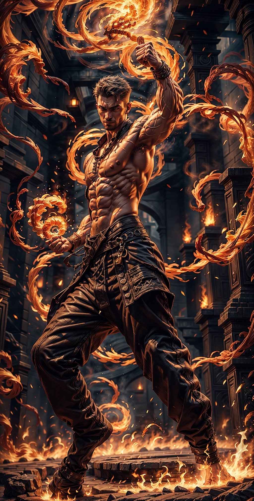 "Craft an image in an anime fantasy world style, depicting a lithe, muscular man with his fist ablaze in magical fire. Surround the burning fist with swirling black smoke, creating a captivating and dynamic scene that showcases his power and mastery of magic.",Sexy Muscular