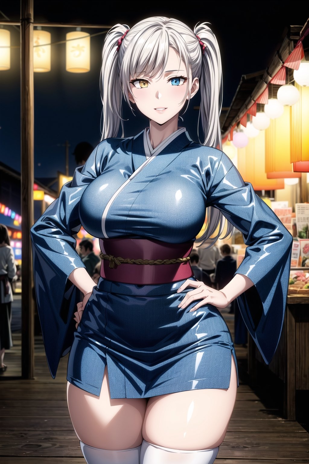 ((night:1.5)),outdoors, ((extremely detailed background)), summer festival, paper lantern, crowded, market stall, 
standing, facing viewer, cowboy shot, hand on hip, 
white hair, very long hair, long twintails, (left blue eyes 1.2), (right yellow eyes:1.2), heterochromia, bangs, hair clip, thick thighs,
japanese clothes, wide sleeves, thighs, print kimono, short kimono, striped thighhighs, miniskirt, 
1girl, solo, (20 years old:1.5),Beautiful Finger,Beautiful long legs,Beautiful body,Beautiful Nose, perfect face,(mature:1.1),(milf:1.1),(mature female:1.3),make up,parted lips,(shiny skin:1.3),(perfect female body:1.2),(gorgeous detailed skin),(detailed hair), masterpiece,  high quality, highres,  absurdres,(beautiful and aesthetic:1.2), beautiful hand, 4k, 8k, perfect balance, perfect eyes, expressive eyes, detailed aqua eyes,
looking at viewer, smile,
ray_tracing,intricate details,depth of field, extremely delicate and beautiful,bokeh,beautiful reflection,perfect lighting
(Beautiful,large breasts:1.3), (beautiful_face), (narrow waist),