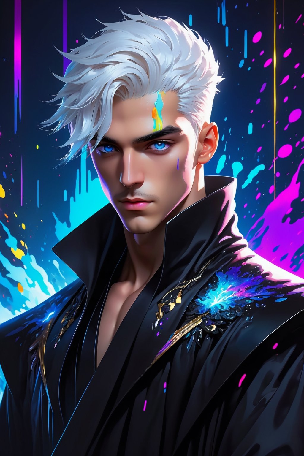 Cyberpunk male, fantasy world, dark background, clean design, epic instagram, artstation, colorful paint splatter, silhouette, hyper detailed intricate details, unreal engine, fantasy, intricate details, splash screen, complementary colors, Fantasy concept art, 8k resolution, deviantart masterpiece, oil painting, heavy strokes, paint dripping, (isolated on white background: 1.3), rainbow skin, (((handsome young man))), ((teenage:1.5) ), (glowing blue eyes), ((light eyes)), ((((short white hair: 1.1))), ((black clothes)), (prince\\(indifferent expression\\),, ( ((Wears high detail luxurious black robe))), white hair, (chest) --v 6