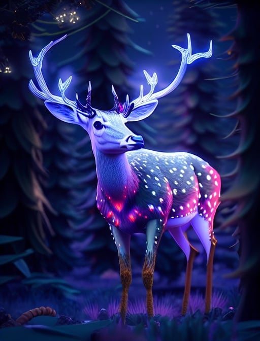 a close up of a deer with glowing antlers in a forest, 3d digital art 4k, digital art animal photo, digital artwork 4 k, holographic creatures, 4k highly detailed digital art, 8k high quality detailed art, 4k detailed digital art, 8 k ultra realistic animal, digital art 4k, digital art 4 k, detailed digital 3d art