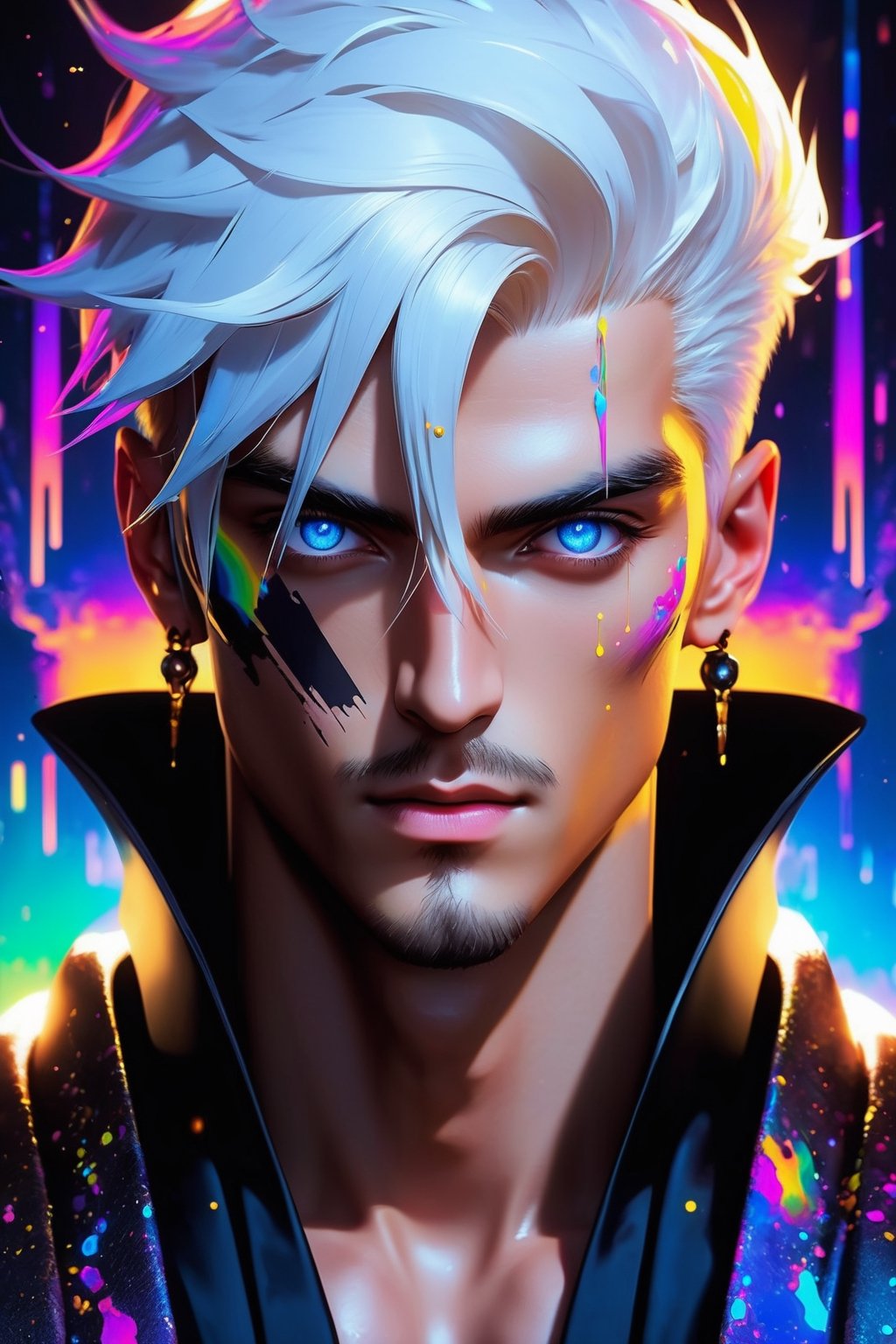 Cyberpunk male, fantasy world, dark background, clean design, epic instagram, artstation, colorful paint splatter, silhouette, hyper detailed intricate details, unreal engine, fantasy, intricate details, splash screen, complementary colors, Fantasy concept art, 8k resolution, deviantart masterpiece, oil painting, heavy strokes, paint dripping, (isolated on white background: 1.3), rainbow skin, (((handsome young man))), ((teenage:1.5) ), (glowing blue eyes), ((light eyes)), ((((short white hair: 1.1))), ((black clothes)), (prince\\(indifferent expression\\),, ( ((Wears high detail luxurious black robe))), white hair, (chest) --v 6