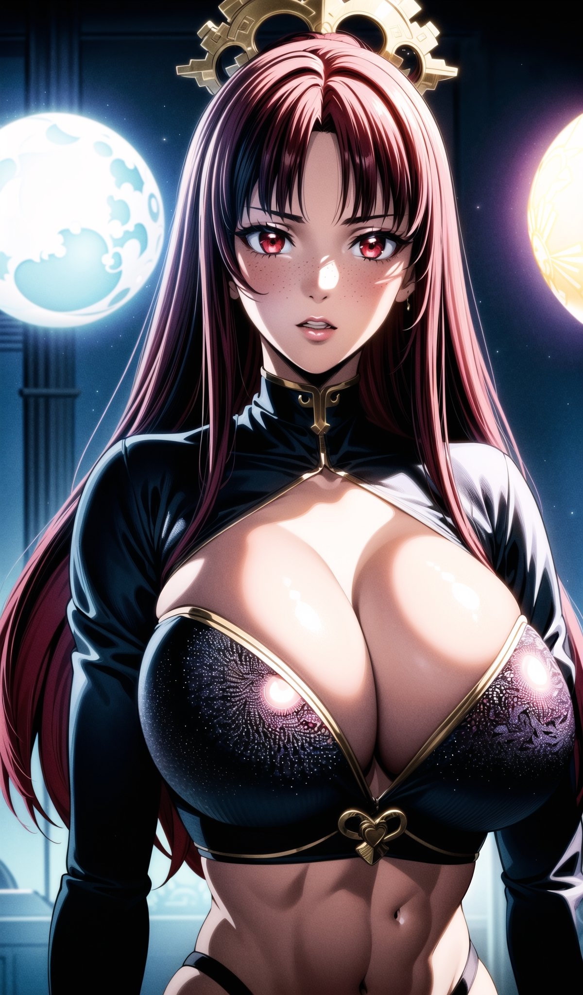 (masterpiece, top quality, best quality, official art, beautiful and aesthetic:1.2), (1girl), extreme detailed,(fractal art:1.3),colorful,highest detailed, glowing orb in chest, 20yo Monica bellucci, (huge breasts), freckles, red hair