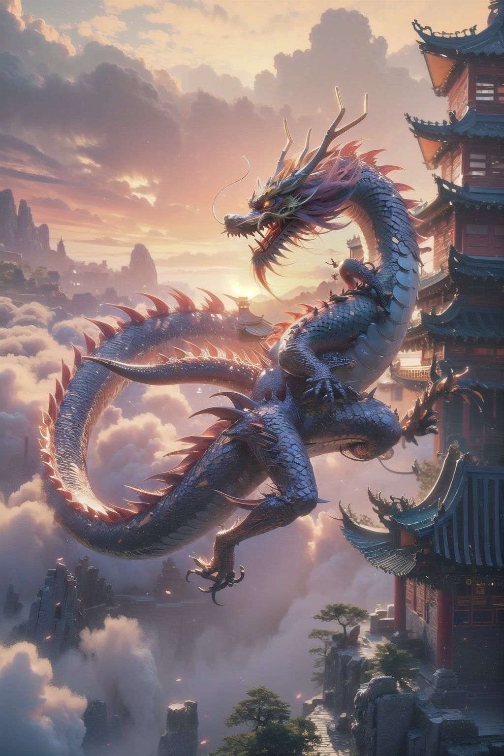 3d animation, an ancient chinese dragon, full body dragon flying, photo, stunning fantasy world background,ancient chinese dragon