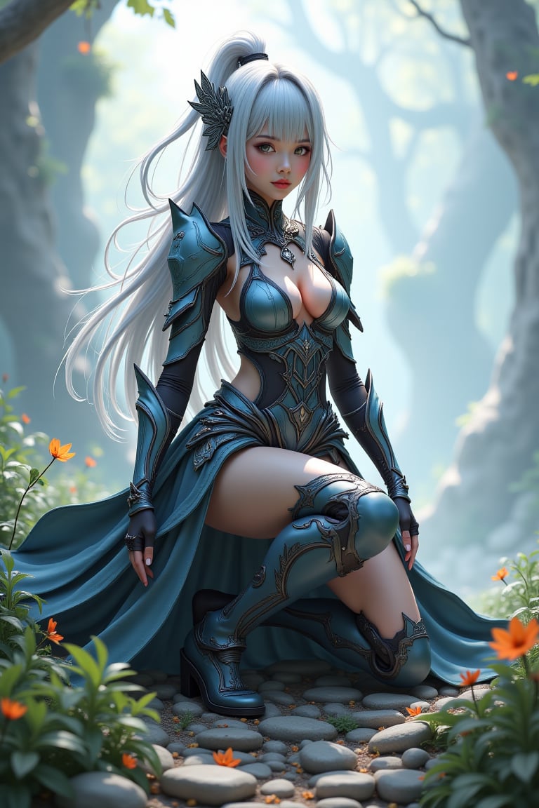 genshin impact style, full body, futuristic, assassin girl in mecha armor, {standing pose|sitting pose|lying pose|kneeling pose}, realistic depictions, randoom stunning fantasy landcape background,