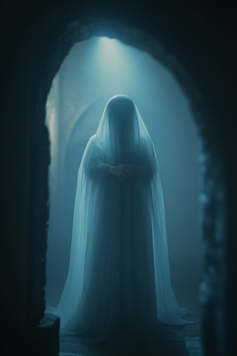 photo of a ghost, transparent blurry, looking at viewer, transparent veil, standing, white dress, fog, night, darkness, inside a medieval house, 8k, depth of field,