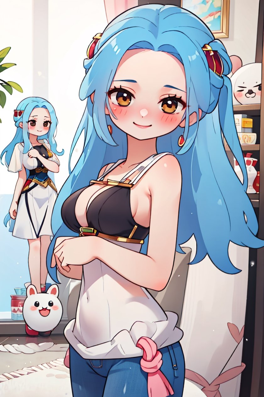 nefertari vivi,blue hair,1girl,beautiful,big breasts , perfect body, perfect face, total body,perfect anatomy,masterpiece, animegirl , sharp focus,blushing,small smile,casual outfit,sexy,3d animation