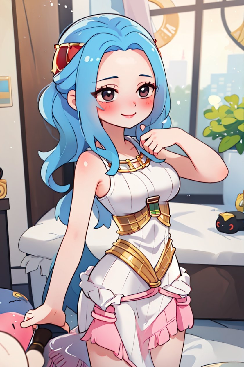 nefertari vivi,blue hair,1girl,beautiful,big breasts , perfect body, perfect face, total body,perfect anatomy,masterpiece, animegirl , sharp focus,blushing,small smile,casual outfit,sexy,3d animation