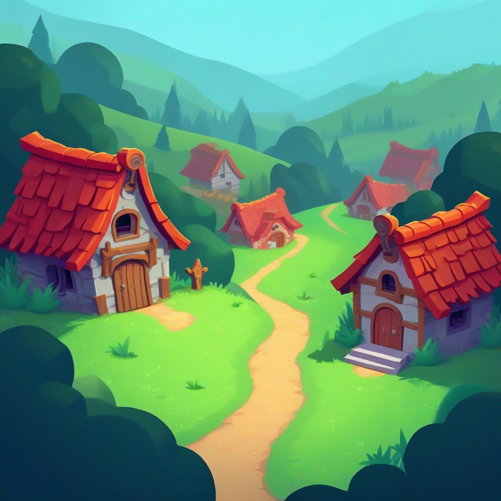 village scene, flat 2D side-scrolling adventure game