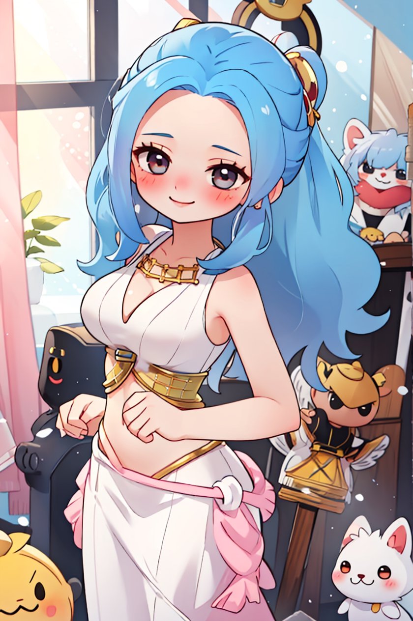 nefertari vivi,blue hair,1girl,beautiful,big breasts , perfect body, perfect face, total body,perfect anatomy,masterpiece, animegirl , sharp focus,blushing,small smile,casual outfit,sexy,3d animation