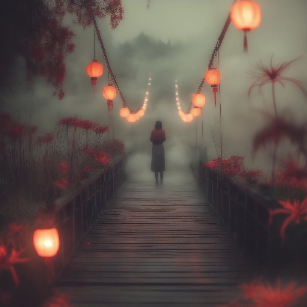 (masterpiece, best quality:1.2), upper body, ((1 beauty girl)), ((wearing clothes)), solo, ((lying pose)), The mysterious Chinese wooden suspension bridge is endlessly long, floating in the mist, on both sides of the bridge are fallen lanterns, on both sides of the river are decorated with red spider lilies, ethereal lighting, delicate smoke effects, dreamlike background , the symbol symbolizes the spiritual journey and reunion, gentle pastel colors, quiet atmosphere, chinese hell theme, cinematic, dark scene,